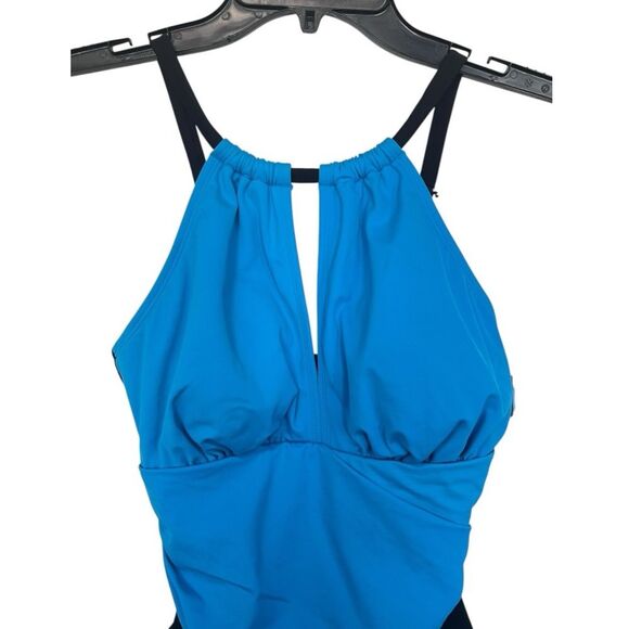 NWT Swim Solutions | Blue Black Tummy Control Draped High Neck Swimsuit 8 - Picture 6 of 10